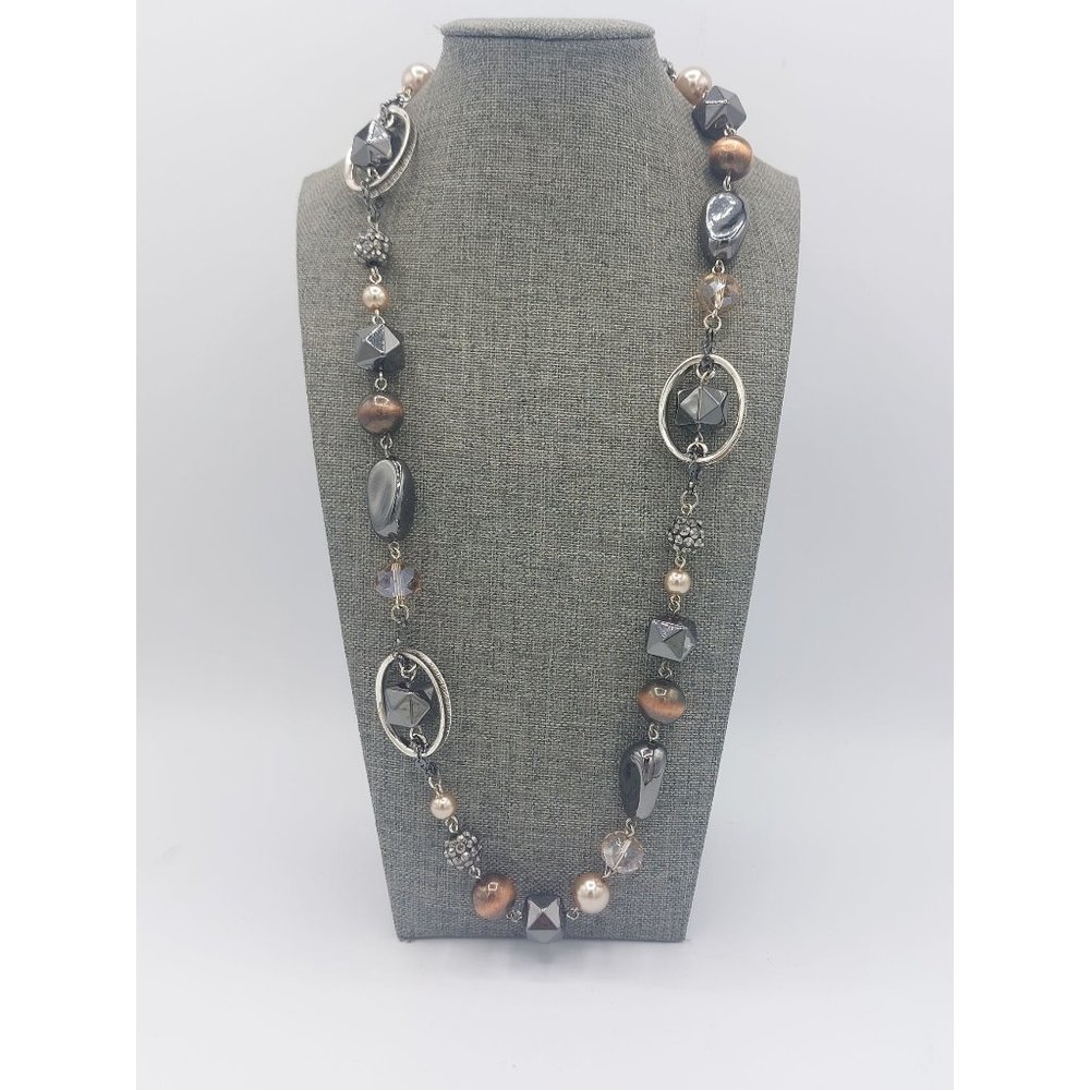 Premier Designs Necklace Silver Toned Chain Charms Natural Tones  32"